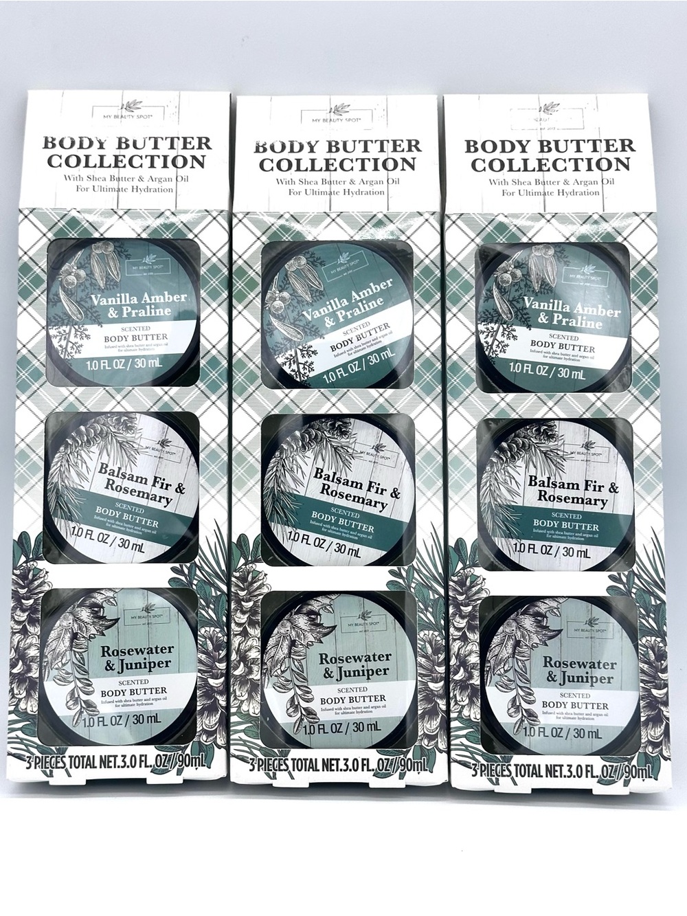 Lot Of 3 Beauty Spot 3pc Body Butter Set Vanilla Amber Balsam Fir Rosewater
